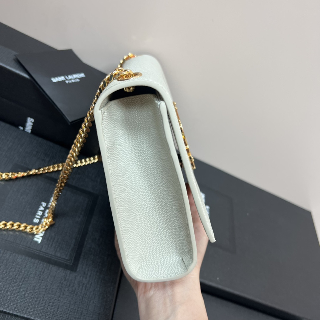 Y*L KATE MEDIUM IN GRAIN DE POUDRE EMBOSSED LEATHER WHITE GOLD 9.4 X 5.7 X 2.1 INCHES