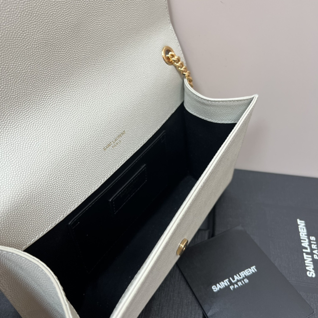 Y*L KATE MEDIUM IN GRAIN DE POUDRE EMBOSSED LEATHER WHITE GOLD 9.4 X 5.7 X 2.1 INCHES