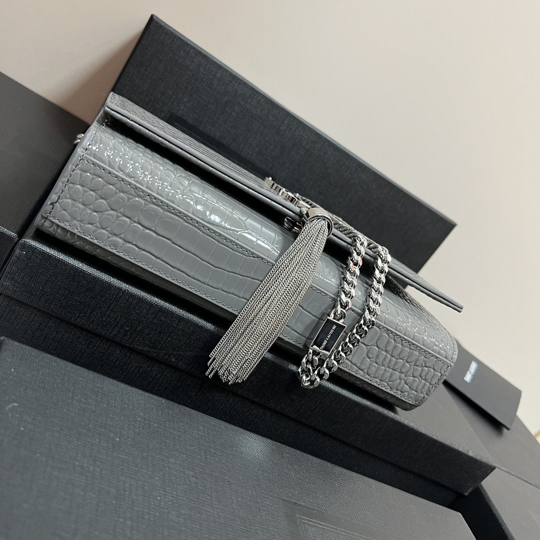 Y*L KATE MEDIUM TASSEL IN CROCODILE-EMBOSSED LEATHER GRAY 9.4 X 5.7 X 2.1 INCHES