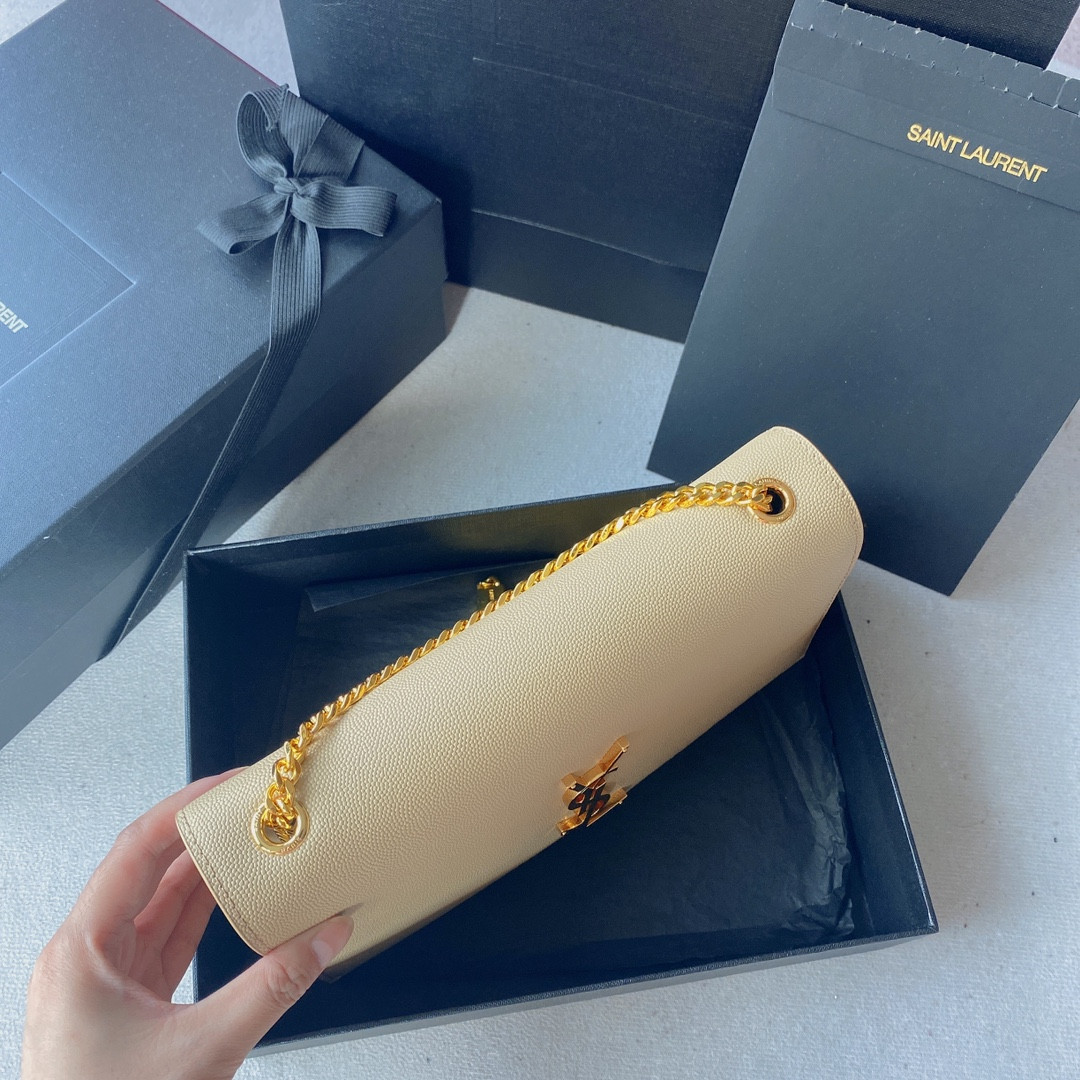 Y*L KATE MEDIUM IN GRAIN DE POUDRE EMBOSSED LEATHER DARK BEIGE 9.4 X 5.7 X 2.1 INCHES