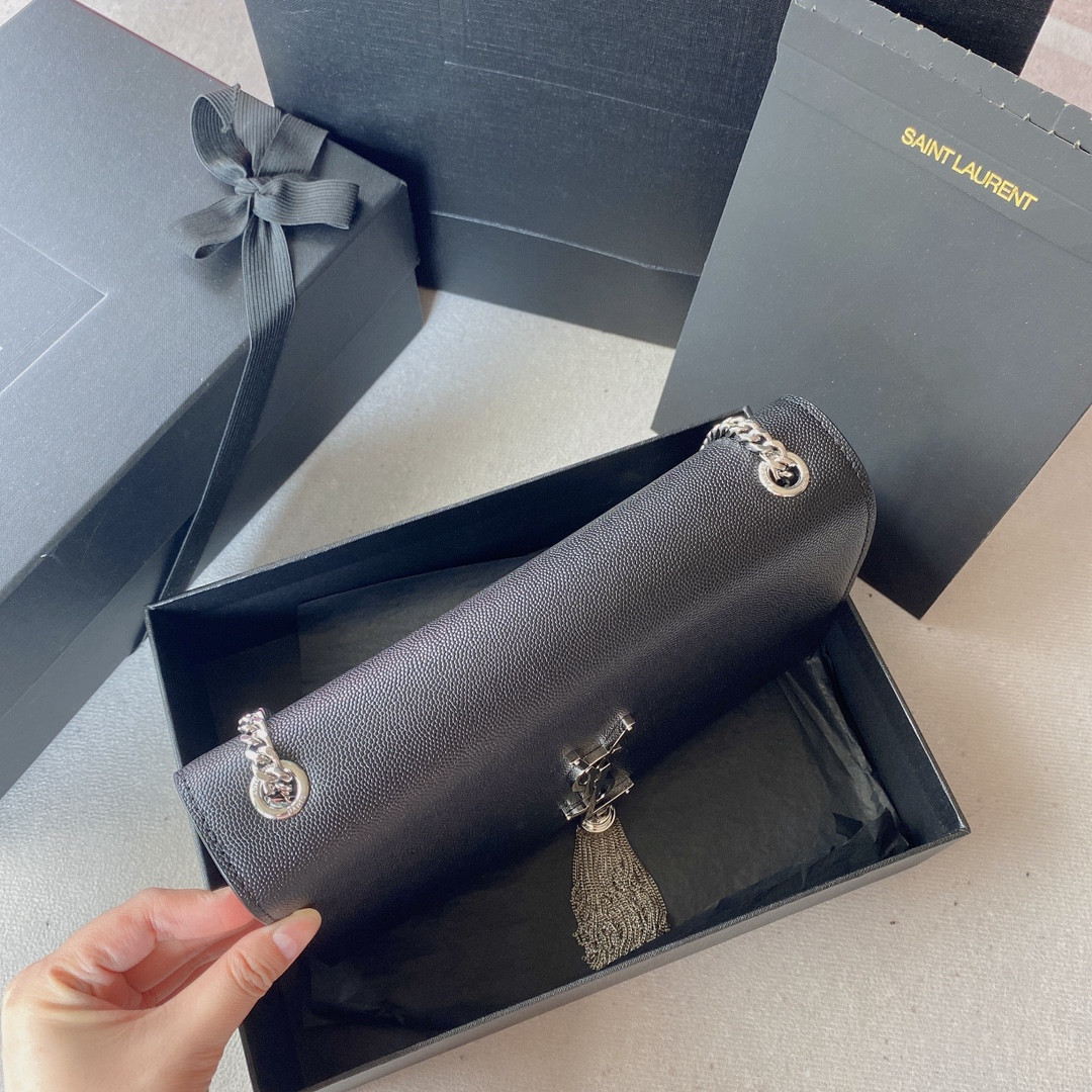 Y*L KATE MEDIUM IN GRAIN DE POUDRE EMBOSSED LEATHER BLACK SILVER 9.4 X 5.7 X 2.1 INCHES