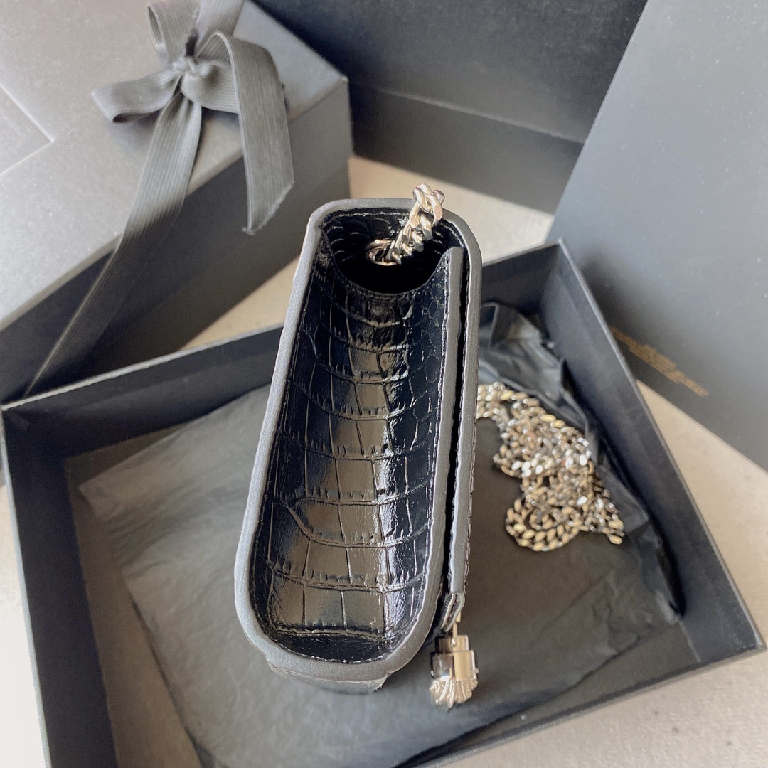 Y*L KATE MEDIUM TASSEL IN CROCODILE-EMBOSSED LEATHER BLACK 9.4 X 5.7 X 2.1 INCHES