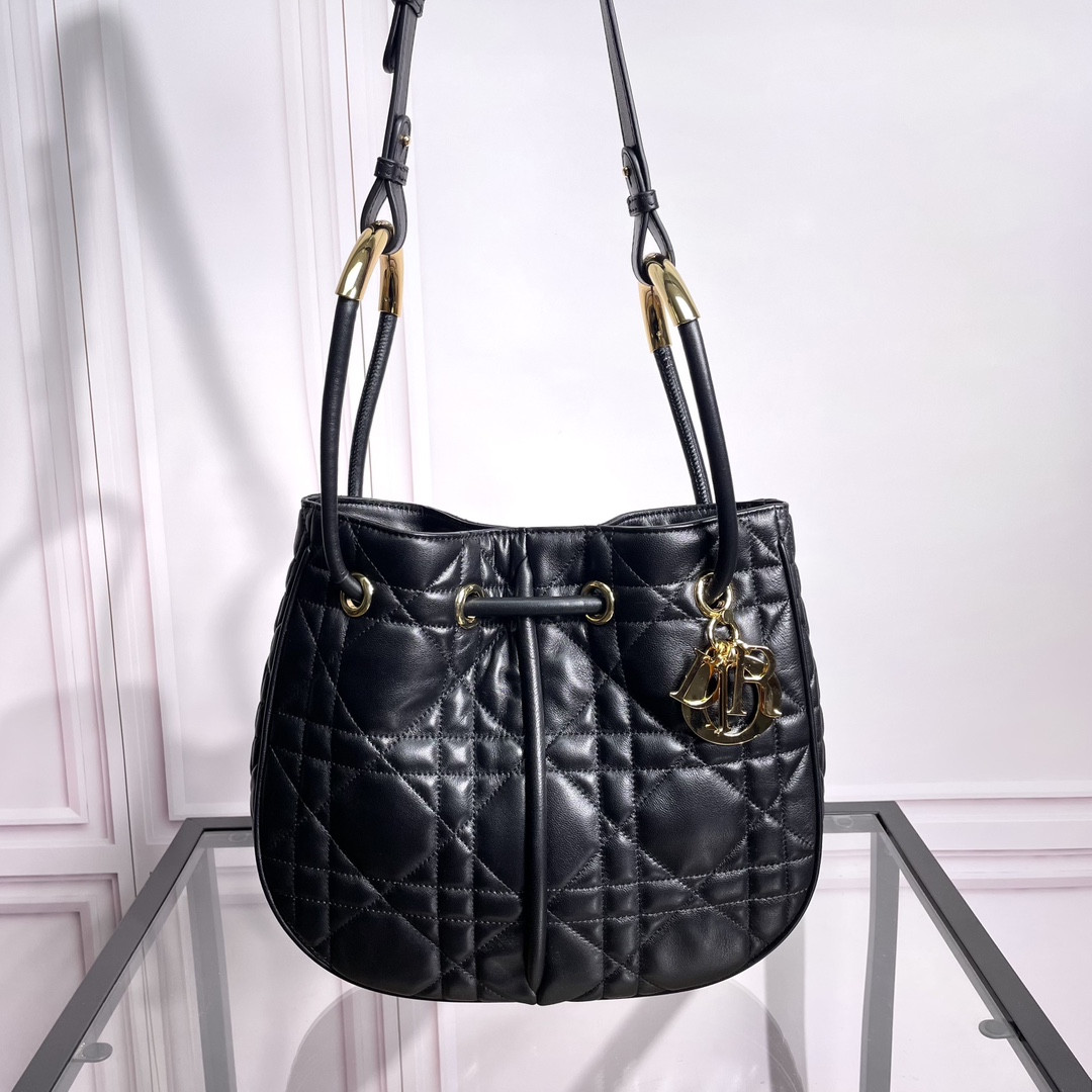 Medium D*0r Nolita Bag Black Macrocannage Lambskin 10.5 x 10 x 2 inches