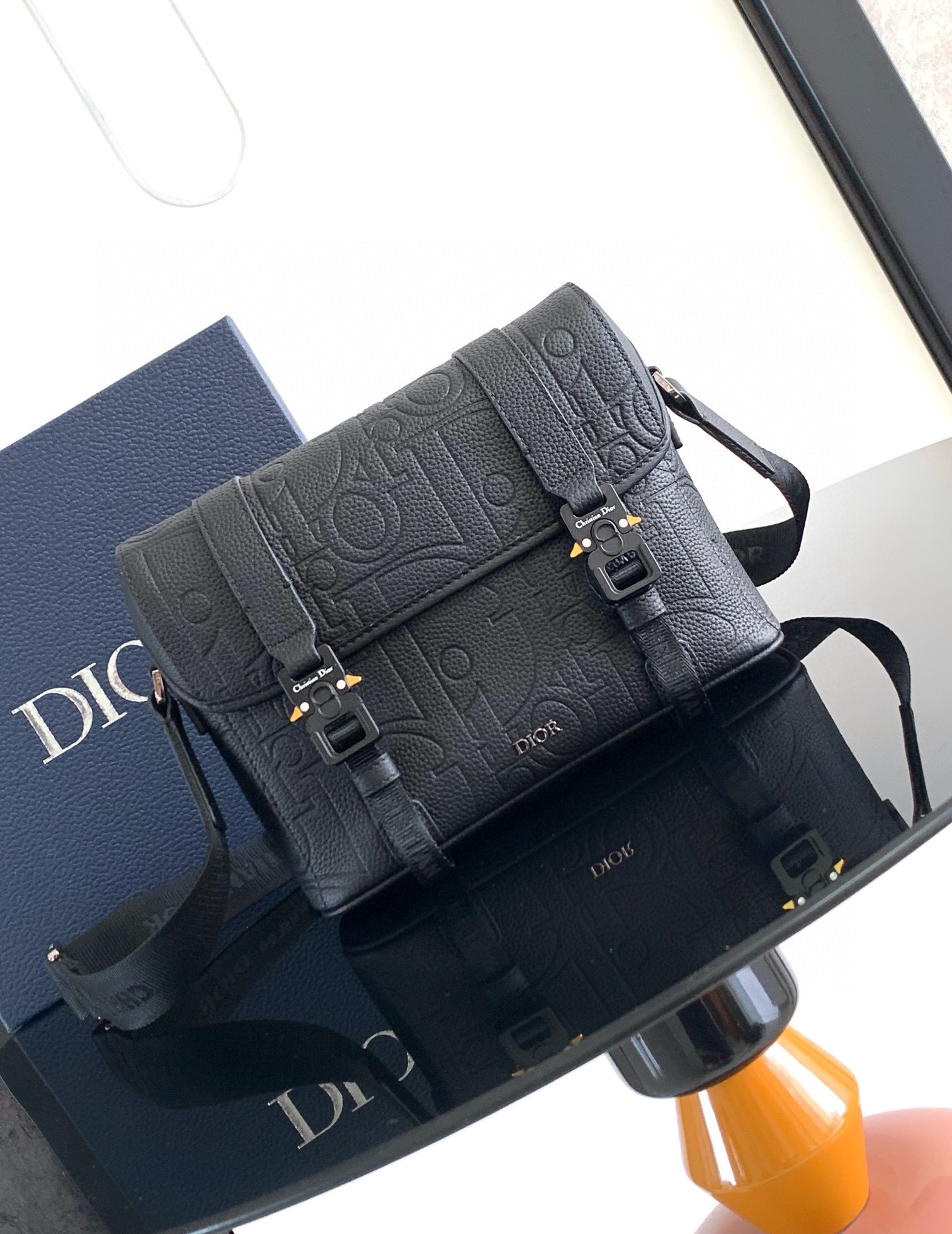 D*0r Hit the Road Messenger Bag with Flap Black D*0r Gravity Leather and Black Grained Calfskin  24 x 18 x 8 cm