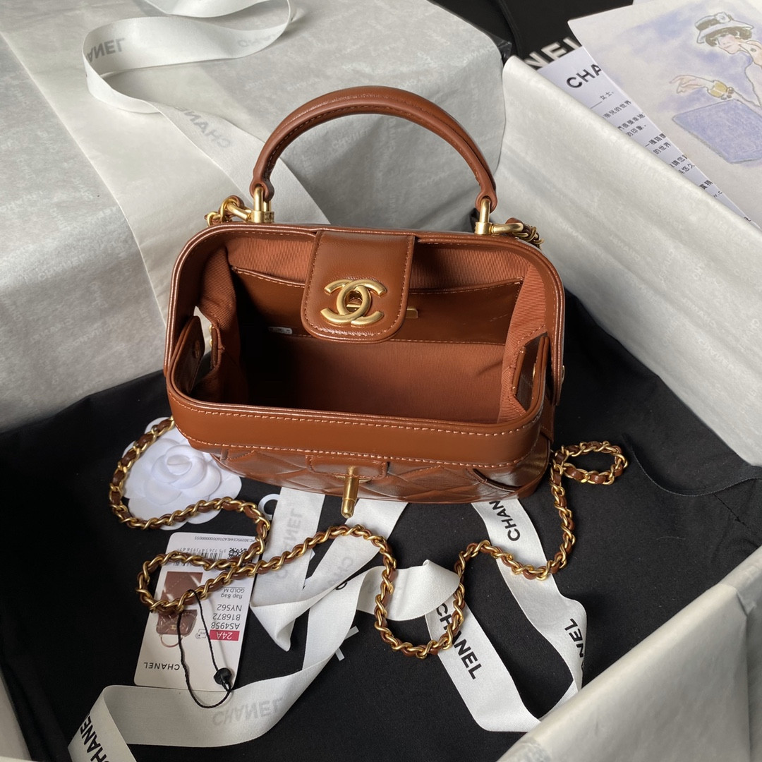 Ch*el MINI BAG WITH TOP HANDLE  Shiny Lambskin & Gold-Tone Metal Brown 12 × 18 × 7 cm