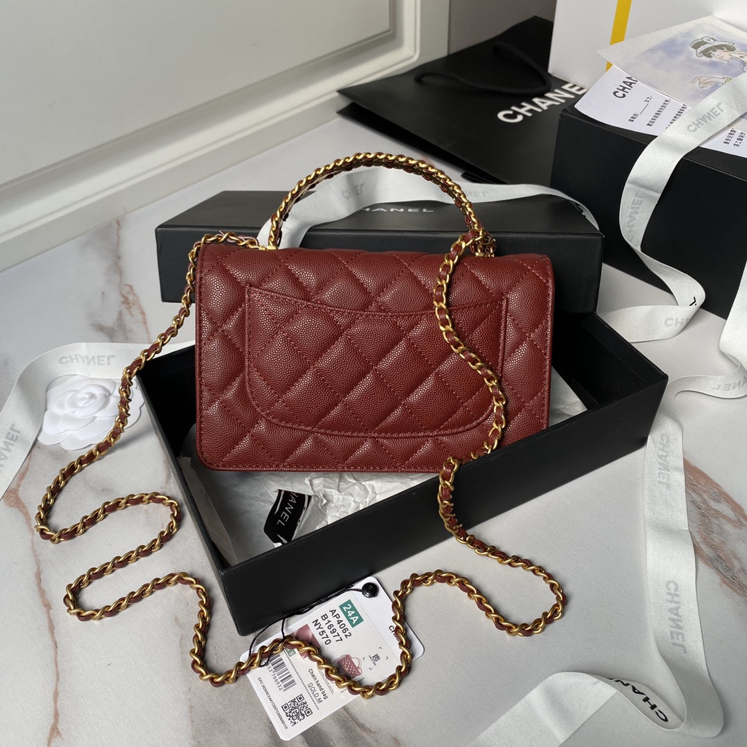 Ch*el WALLET ON CHAIN Grained Shiny Calfskin & Gold-Tone Metal 12 × 19 × 5 cm