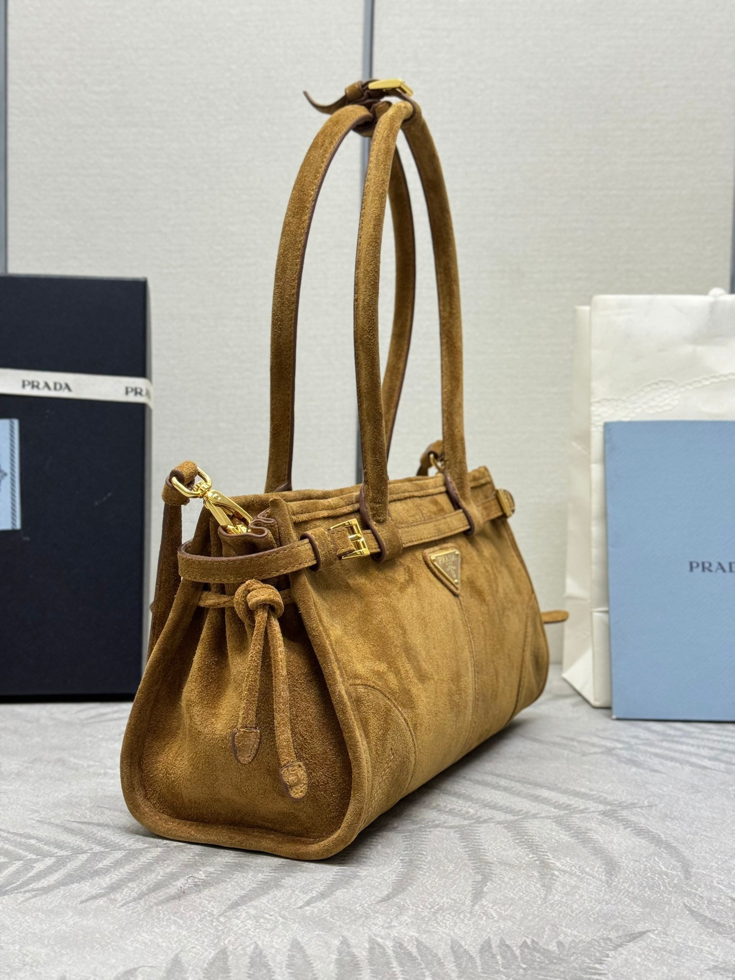 Pra*a Bonnie Medium Suede Handbag 32x15.5x12cm